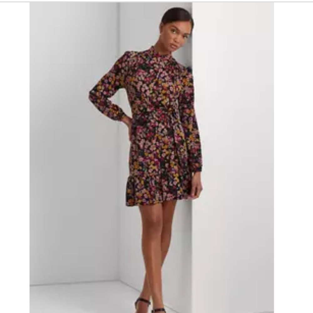 Floral Long-Sleeve Mini Dress in Black
